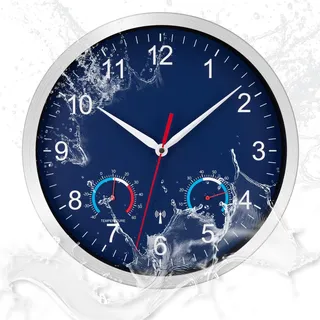 NESIFEE Outdoor Wasserdicht Wanduhr Funk Uhr mit Temperaturanzeige und Hygrometer Funkuhr Wand Lautlos Funkwanduhr Geräuschlos Groß Modern Dunkelblau Wanduhr Wohnzimmeruhr Küchenuhren Badezimmeruhr