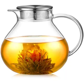 ecooe 1400 ml Teekanne aus Glas mit 2 in 1 Sieb Deckel, Teekanne aus Klarglas, hitzebeständig, Blumen-Teekanne aus Borosilikatglas, für kalte und heiße Getränke, offene Feuerpfanne