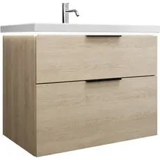 Burgbad Eqio Keramik-Waschtisch inklusive Waschtischunterschrank und LED-Waschtischunterschrankbeleuchtung, Breite 830 mm, SEZA083, Farbe (Front/Korpus): Eiche Dekor Cashmere / Eiche Dekor Cashmere, Griff Schwarz G0200