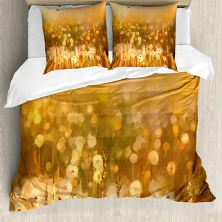 ABAKUHAUS Löwenzahn Bettbezug, Vintage Frühlings-Sonnenuntergang, Milbensicher Allergiker geeignet mit Kissenbezügen, 155 cm x 220 cm - 80 x 80 cm, Pale Orange Grün Braun - Orange