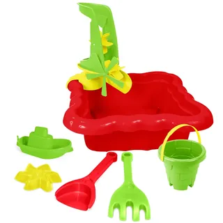 Wader 72013 - Sandkasten mit Mühle, Eimer, Schaufel, Rechen, Boot und Sandform, Größe ca. 35,5 x 14 x 35,5 cm, für Kinder ab 12 Monaten, geeignet als Geschenk für kreatives Spielen