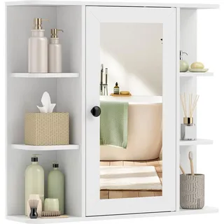 FANTASK Spiegelschrank Bad, Wandschrank mit Spiegel, Einzeltür, 3 Innenablagen & 6 offenen Fächern, Einbau- & Aufputz, Badezimmerschrank 66 × 16,5 × 63 cm (Weiß)