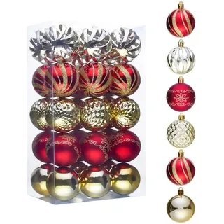 Unyqoos® Bruchsichere Kunststoff-Weihnachtskugeln, 30er-Set – Rot & Gold, sturzfest bis 2 m, verschiedene Oberflächen, mit Aufhängern - Rot, Grün, Weiß
