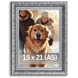 Victor Vintage Bilderrahmen „Rubens“ in 15x21 cm (A5) Schwarz Silber - Leiste: 30x20mm - Echtglas - Fotorahmen Barock - Antik - Bilderrahmen 15x21 Schwarz - Fotorahmen A5 Vintage