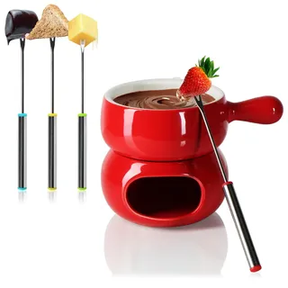 com-four® Schokoladen-Fondue-Set - Keramikschale mit Teelichthalter und 4 Gabeln - Schmelztopf für Schokolade und Käse - Schmelztiegel - Dessert-Dipschale für 4 Personen - Schmelzgefäß (rot/weiß)