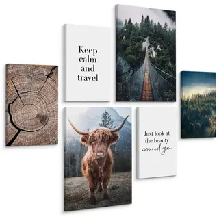Muralo Leinwandbilder 6-er Set Zitate Natur 3D , Blau, Grün, Schwarz, Weiß, Beige, Braun, Grau , Textil , Baum/Pflanze/Natur, Landschaft/Berg, Sprichwort/Zitat, Tiere , Rechteckig , 90x80 cm , Bilder & Rahmen, Bilder