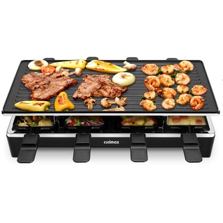 Cusimax Raclette Grill mit Reversible Grillpfanne, Steuerung Partygrill für 8 Personen,Stufenlos Regulierbare Temperatur, 8 Mini Pfännchen, Antihaftbeschichtung, CMRC-300, 1500W, Schwar