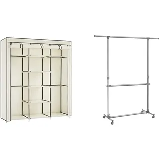 SONGMICS Kleiderschrank, Faltschrank, Stoffschrank, 175 x 150 x 45 cm, Beige RYG12M & Kleiderständer höhenverstellbar, Garderobenständer, (101-166) x 49 x (113-198) cm, Silber-graugrün
