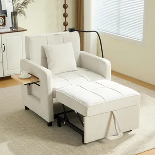 okwish Schlafsessel Chenille Einsitzer 2-in-1-Funktion 5-fach Verstellbare Rückenlehne Stauraum Tablett Handyhalterung Wohnzimmer,Beige - Beige