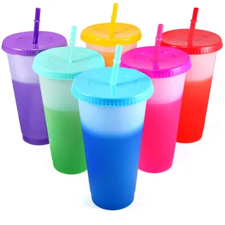 6 Stück Plastikbecher Trinkbecher Becher mit Strohhalm & Deckel - 710ml Groß Tasse Farbwechselbecher Kaffeebecher to go Becher Mehrweg Travel Tumbler für Eiskaffee Kaltes Trinken Smoothie Saft