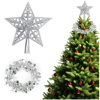 Christbaumspitze, Weihnachtsbaum Schmuck, Silberner Stern Weihnachtsbaumspitze mit filigranem Design, 20 cm Durchmesser, Perfekter Abschluss für Tannenbaum