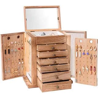 ProCase Schmuckkästchen Schmuckaufbewahrung Groß Holz Schmuckschatulle mit 7 Ebenen Schmuckkasten Schmuckbox Schmuck Organizer mit Spiegel, Schubladen für Ringe, Ohrringe - Natural
