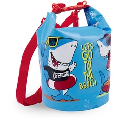 PERLETTI Kinder Dry Bag 5L Wasserdicht - Wasserabweisende Badetasche für Kleine Jungen - Licht Blau Trockenbeutel Packsack Rucksack für Schwimmen Strand See Kindergarten Sport - 25x18x18 cm (Hai)