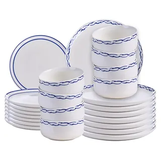 BELIANI Tafelservice Weiß u. Blau Porzellan für 8 Personen 24-teilig Rund Spülmaschinenfest Mikrowellenfest Geschirr Set Essgeschirr Küche Esszimmer - Weiß, Blau