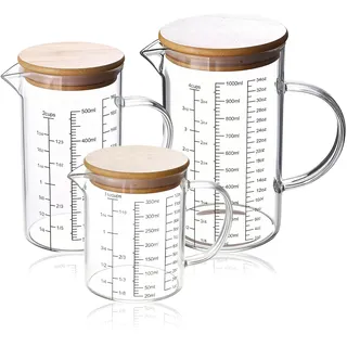 Messbecher Set Aus Glas, 3 Stück Messbecher Glas Krug Mit Bambusdeckel, 3 Größen 350ml, 500ml, 1000ml, Glasbehälter Set Aus Borosilikatglas Mit Griff Und Skala Für Labor Küche Garten Reiniger