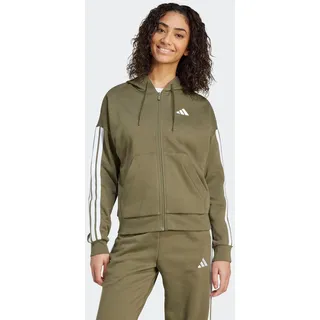 Kapuzensweatshirt ADIDAS SPORTSWEAR "ESSENTIALS 3-STREIFEN FULL-ZIP FLEECE", Damen, Gr. S, olive strata, weiß, Obermaterial: 55% Baumwolle, 36% Polyester, 9% Viskose, angesetztes Bündchen, Sweatshirts Kapuzensweatshirt