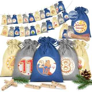 KESSER® Adventskalender zum Befüllen 24 Jutebeutel Gedruckte Stoffbeutel Kinder Weihnachtskalender zum Selber Befüllen Inkl.. 24x Schildchen + 1 Großer Aufbewahrungsbeutel Stoff - Blau
