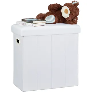 Relaxdays Sitzhocker, HxBxT: 49,5 x 46 x 25,5 cm, mit Stauraum, Griffe, Leinen, Polyester, MDF, weiß