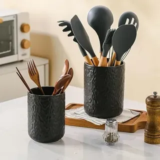 Ganwu Küchenutensilien Halter Set von 2, Keramik Rock Textur Aufbewahrung Container, Arbeitsplatte Organizer für Besteck, Kochlöfel, Geschirrhalter für Küche Zähler Aufbewahrung (Schwarz)