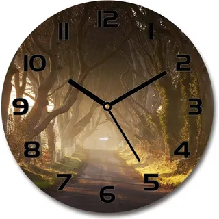 Wanduhr aus Glas 30fi Glasbild Glasuhr Gehärtetes Glas - schwarze-zeiger - Fog in the forest - Braun