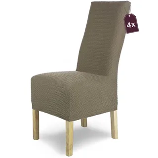 SCHEFFLER-Home Stuhlhussen Stretch Luna-Lang/Stuhlüberzug 4er Set Taupe/elastische Flanell Stuhlabdeckungen/Stuhlhussen Schwingstühle/Spann-Bezug Stuhl Überwurf als eleganter Schonbezug