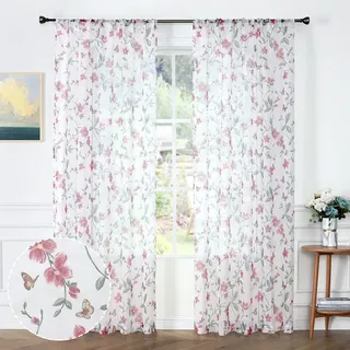 Tollpiz Durchsichtiger Blumen-Vorhang, Motiv: rosa Blume, Schmetterling, Bedruckt, Wohnzimmer, Stangentasche, Voile, Kunstleinen, Fenstervorhang für Schlafzimmer, 137,2 x 241,3 cm lang, Set mit 2