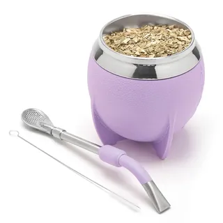 balibetov Yerba Mate Becher und Bombilla Set, inklusive Edelstahl Yerba Mate Kürbis, Premium Bombilla Mate und Reinigungsbürste (Lila)