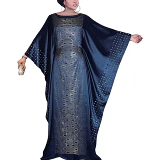 HD Afrikanische Kleider für Frauen Mode Perlen Strass Kaftan Maxi Kleid, Navyblue-87 (mit Innengürtel-Version), Einheitsgröße