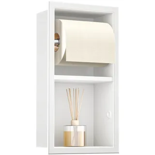 Bernkot Unterputz-Toilettenpapierhalter Edelstahl, WC Badezimmerschrank mit Toilettenpapierhalter Halterung, Klopapierhalter mit aufbewahrung, 34×18×10cm, Weiß