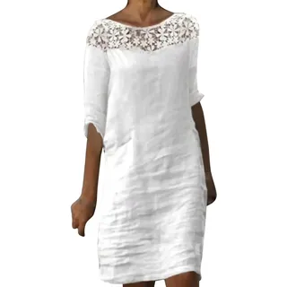 Viunychn Musselin Kleid Damen Sommer Kleider aus Leinen Leicht und Luftige Leinenkleid Elegant Midi Knielang Sommerkleid Boho Große Größen Leinenkleider Strandkleid