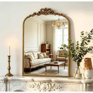 Awhtixbo Gold Barock Spiegel 40x61(H) cm - Vintage Bogen-Wandspiegel mit Eisenrahmen, Ideale Wanddeko für Wohnzimmer, Bad & Flur