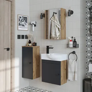 Badmöbelset - PUNTO - Unterschrank mit Waschbecken - Badezimmer Möbel - Gäste WC - Grau