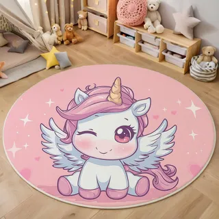 HASLEFND Kinderteppich Rund, Rosa Niedlicher Cartoon-Stil Süßes Einhorn, Kurzflor Waschbarer Teppich Extra Weich und Antiallergen für Jungen und Mädchen Spielzimmer 100cm
