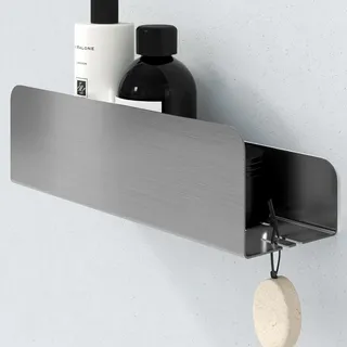 Dolvhin Duschablage ohne Bohren | Edelstahl Duschregal mit Ablaufrillen | Duschkorb zum Kleben | Badregal Selbstklebend | Badezimmer Wandregal | Shampoo Halterung Dusche & 2 Haken | Silber Grau