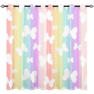 YUANZU Schmetterling Vorhänge Mädchen Regenbogen Streifen Ösen Gardinen mit Blickdichte Vorhang Kälteschutz Blackout Curtain Mädchenzimmer Schlafzimmer Verdunkelung Fenster, 2 Stück, H 160 x B 106 cm