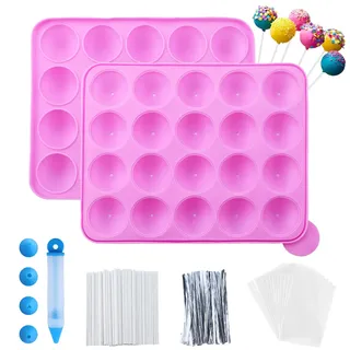 105 Stück Cake Pop Form Set - mit 20 Kavitäten Silikon Lollipop Formen, 105 Stk Cake Pop Sticks, Cake Pop Wrapper, Sliver Twist Ties und Dekorationsstift, Silikon Cake Pop Backform für Lutscher