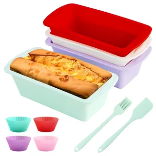 OT-NVWOZR 4 Stück Silikon Backform & 4 Stück Muffinformen, Mini Brotbackform mit Spatel Bürsten Set, Antihaf Kastenform 20cm Kuchenform Silikonbackform für Kuchen Brote Brownies