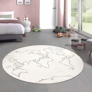 CARPETIA Kinderteppich Rund Weltkarte Creme Hoch-Tief Ø 160 cm | Weich, pflegeleicht, strapazierfähig, formstabil und schadstofffrei, OEKO-TEX geprüft, für Fußbodenheizung