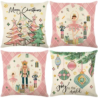 Hopomoon Nussknacker Rosa Frohe Weihnachten Kissenbezüge 4er Set 45x45 cm Merry Christmas Xmas Zierkissenbezug Cushion Cover Couch Deko