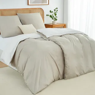 Duvetnova Bettwäsche 135x200 4teilig Beige/Weiß Bettwäsche-Sets Microfaser ÖKO-TEX Wendebettwäsche 135 x 200 4tlg, weich & bügelfrei 2 Bettbezüge 135 x 200 + 2 Kissenbezüge 80x80cm mit Reißverschluss