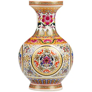 fanquare Jingdezhen Keramik Vase mit Gelbe und Rot Blumen Motiv, Handgefertigte Dekorative Porzellan Blumenvase, Höhe 25cm