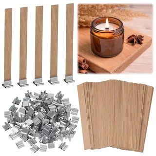 Kssvzz 100 Stück Holzdochte für Kerzen mit 100 Eisenständer, 13 * 130 mm Kerzendocht Holz, Rauchfrei Kerzendochte für Kerzen Holz
