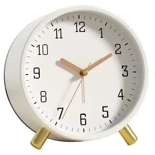 Shisedeco Wecker mit Hintergrundbeleuchtung, analog, nicht tickend, leise, kleine Tischuhr mit arabischen Ziffern, batteriebetrieben, runde Tischuhr für Wohnzimmer, Schlafzimmer, Büro, ca. 11 cm, Weiß
