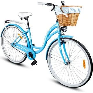 Maltrack Citybike Damenfahrrad Damencityrad mit Korb, 28 Zoll, 1-Gang, Rückleuchten, Gepäckträger, Klingel, Weidenkorb , Bike, Hellblau - Hellblau