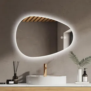 EMKE Badezimmerspiegel mit Beleuchtung Asymmetrischer Spiegel 80 x 60 cm mit Touch-Schalter, 3 Lichtfarben Dimmbar, Beschlagfrei Badspiegel mit Beleuchtung IP44 Energiesparend