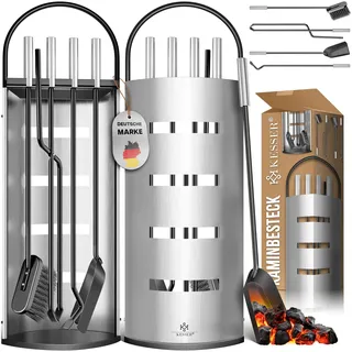 KESSER® Kaminzubehör 5-teiliges Kaminbesteck Set | Modern Design, beschichtet, Hochwertige Kamingarnitur aus 5 Teilen: Besen, Schaufel, Schürhaken, Zange, Ständer mit Sichtschutz Edelstahl Silber