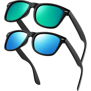 KANASTAL 2er Set Klassische Sonnenbrille Damen Herren | Polarisiert, Retro Rechteckig, UV400 Schutz, Verspiegelt, Transparenter Rahmen, Für Fahren Wandern Golf Fischen, Anti Glare