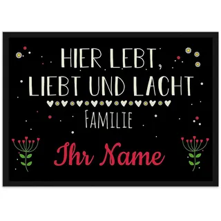 Print Royal Fußmatte mit Spruch - Lebt Liebt Lacht - Familie - Selbst Gestalten mit Wunschnamen - Viele weiße Herzen 60 x 40 cm