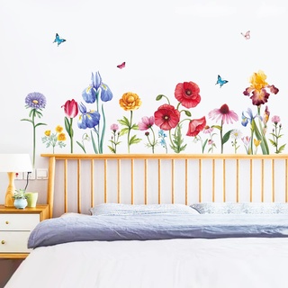 decalmile Wandtattoo Blumen Bordüre Wandsticker Rote Mohn Iris Schmetterling Wandaufkleber Wohnzimmer Schlafzimmer Wanddeko