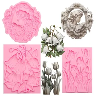 Vintage-Blumen-Silikonformen-Set, 3er-Pack dekorative Relief-Formen mit viktorianischem Porträt, Tulpen- und Glockenblumenmuster, Rosa